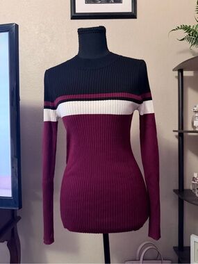 Women’s Ribbed Colorblock Crewneck Sweater - Burgundy, Black & White